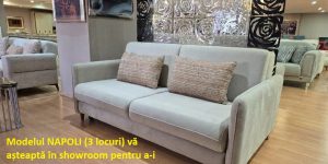 Canapea extensibilă de 3 locuri NAPOLI în nuanță gri-crem, expusă în showroom-ul Ferremo. Structură din oțel și perne decorative incluse.