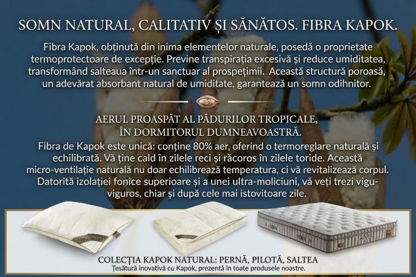 Colecția Kapok Natural Bambi: saltea ortopedică, pilotă și pernă hipoalergenică din fibre naturale de Kapok.