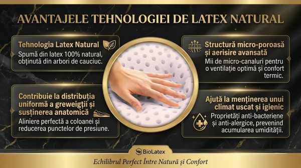Prezentare infografică a tehnologiei de latex natural pentru saltele și perne: structură micro-poroasă cu aerisire avansată, distribuție uniformă a greutății corporale, suport anatomic optim și climat igienic de somn.