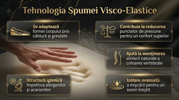 Prezentare infografică a tehnologiei spumei visco-elastice inspirată din industria spațială: adaptare anatomică la temperatura corpului, reducerea punctelor de presiune, sprijin ideal pentru coloana vertebrală și izolare termică și a mișcării.