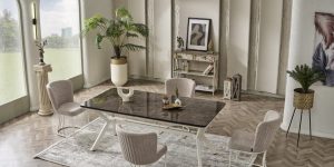 Masă de sufragerie extensibilă model MILANO SOFT cu blat din MDF lăcuit și picioare metalice elegante, disponibilă în variante de finisaj auriu, crom sau mat.