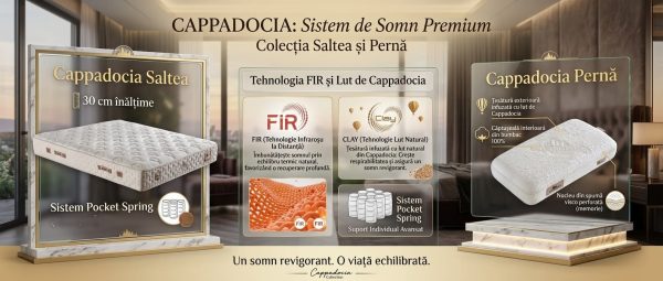 Prezentare infografică a sistemului de somn Cappadocia Saltea și Cappadocia Perna cu tehnologiile FIR și Clay, țesătură infuzată cu argilă naturală din Capadocia, saltea ortopedică de 30 cm fără pad și pernă ergonomică cu visco perforat.