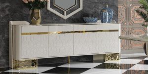 Set Bufet si Oglinda FENDI Luxury finisaj lucios detalii Gold Nikel
