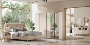 Dormitor complet modern din colecția MILAN Luxe cu pat tapițat vizon și dressing modular