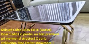 Măsuță de cafea LEON ELITE cu blat MDF lacuit model gri mermer finisaj Irony, dungi decorative gold și picioare X cromate aurii, în showroom-ul Ferremo.