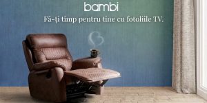 Vedere laterală a fotoliului rotativ și balansoar Bambi Relax, punând în valoare maneta elegantă de activare a reclinerului manual.