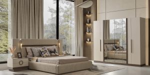 Set dormitor elegant REBECCA de la Lucente cu pat tapițat, iluminare integrată și sifonier cu oglinzi, disponibil la showroom-ul Ferremo Otopeni.